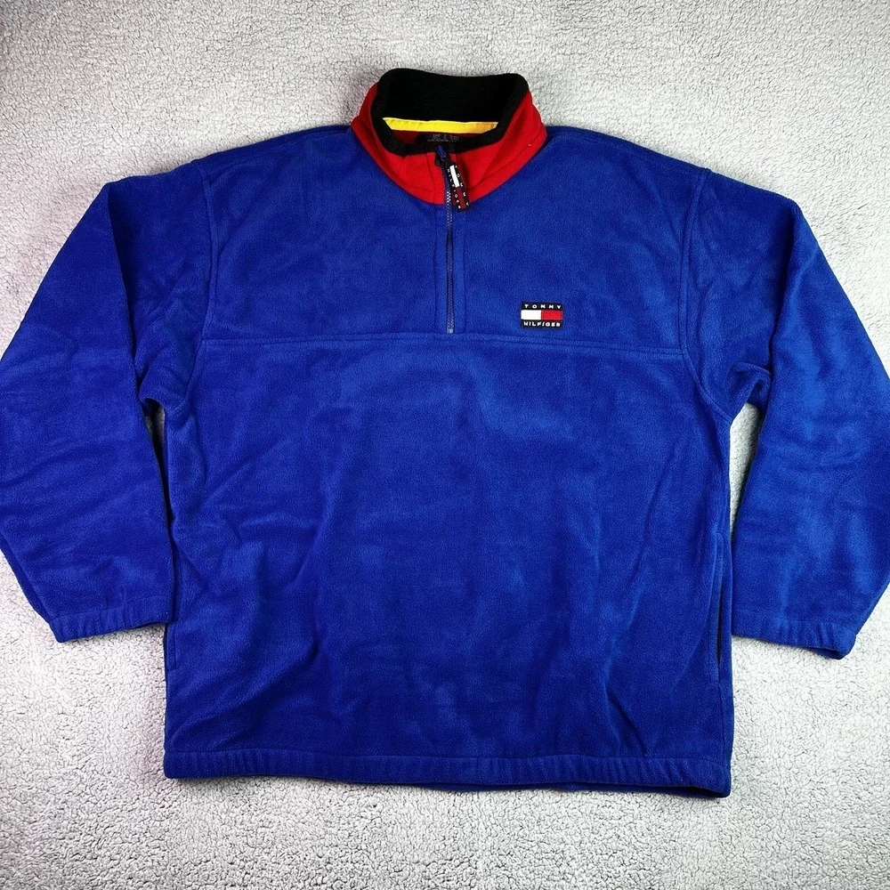 Vintage 90s Y2K Tommy Hilfiger‎ Mens 1/4 Zip Fleece Pullover Blue w/ Red XL